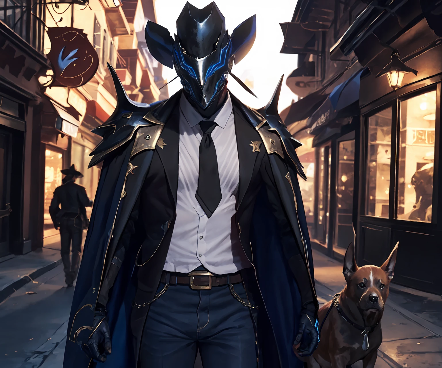 masterpiece,best quality,highres,cinematic lighting,dramatic angle,1boy,<lora:ShadowverseKyrzaelV4:0.8:lbw=jiangshi3>,helmet,black armor,white shirt,necktie,horns,spikes,cape,circlet,black suit,looking at viewer,chain,holding,grasp,hand up, holding,leading dog,animal,streetscape,depth of field,chain,belt,cowboy western,cowboy western village,cowboy hat,revolver