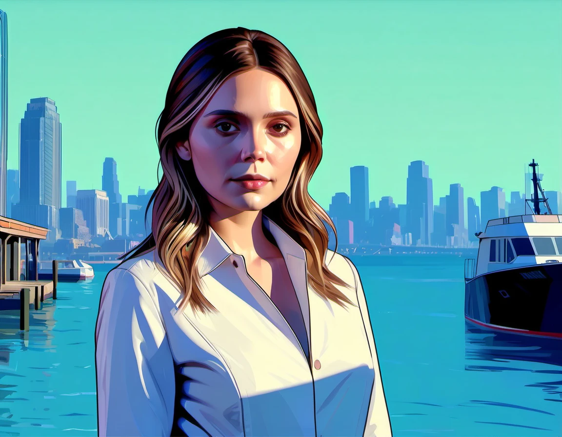 GTA-ish, 2D, beautiful gorgeous Elizabeth Olsen, dockside background, (thick outline:1.2)