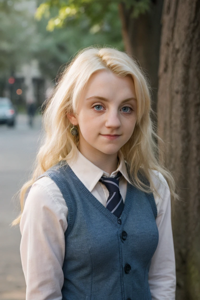 a picture of luna lovegood woman, blonde hair,detailed skin, surface scattering, bokeh, skin pores, city streets,wearing a uniform,outdoors, looking at viewer ,(subtle smile:0.5), blue eyes, <lora:luna lovegood (6):1> luna lovegood