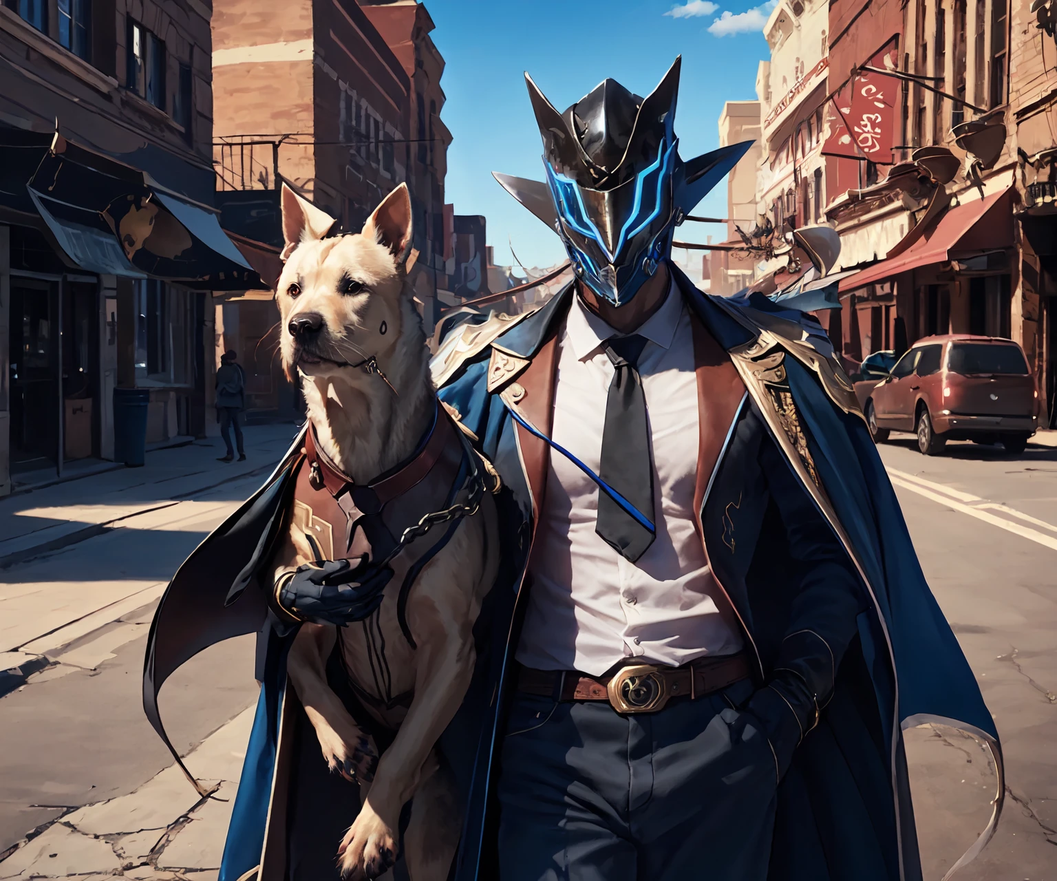 masterpiece,best quality,highres,cinematic lighting,dramatic angle,1boy,<lora:ShadowverseKyrzaelV4:0.8:lbw=jiangshi3>,helmet,black armor,white shirt,necktie,cape,circlet,black suit,looking at viewer,chain,holding,grasp,hand up, holding,leading dog,animal,streetscape,depth of field,chain,belt,cowboy western,cowboy western village,cowboy hat,revolver