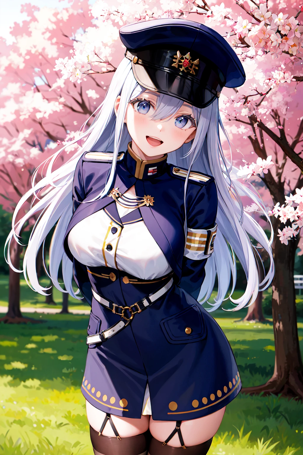 masterpiece, best quality, highres, aalena, long hair, military hat, blue headwear, hair between eyes, medium breasts, military uniform, white shirt, blue jacket, armband, long sleeves, white belt, blue skirt, garter straps, white thighhighs, <lora:vladilena_millize_v1:0.7>, smile, open mouth, , arms behind back, cowboy shot, leaning forward, bent over, outdoors, cherry blossoms