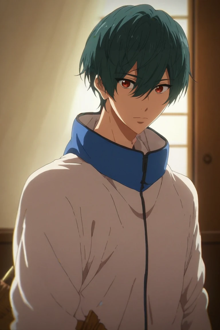 score_9, score_8_up, score_7_up, source_anime, (photorealistic:0.6), looking at viewer, upper body, depth of field, 1boy, solo, male focus, <lora:ikuya_kirishima_pony:0.88>, ikuya_kirishima, green hair, red eyes, hair between eyes, short hair, bangs, , bermuda shorts,, clubroom, , <lora:sdxl_lightning_8step_lora:1>