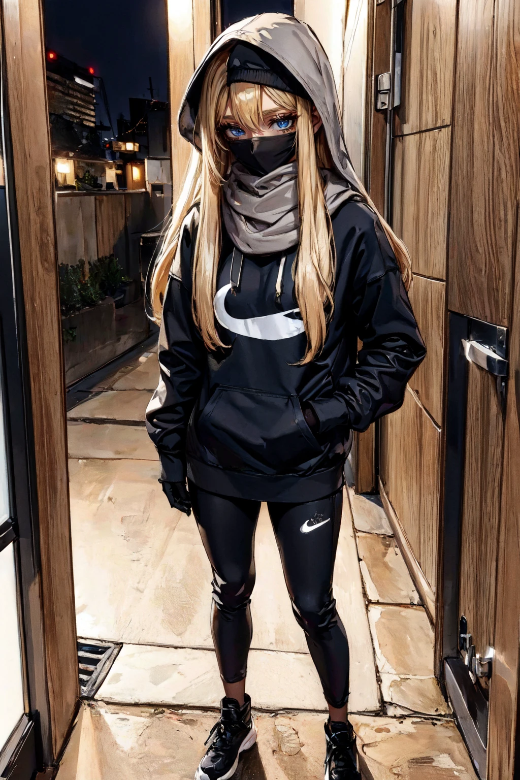 (masterpiece, highres, detailed),full body,<lora:slimev2:0.5>,1girl,charslime77,blonde hair,<lora:ukdrill-04:0.8>,ukdrill,black pants,black hoodie,glowing,hood up,black gloves,scarf,covered mouth,night,