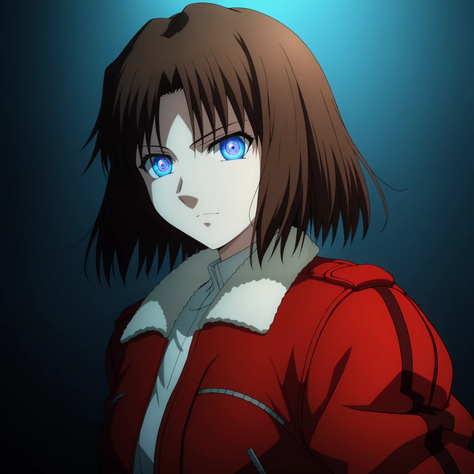 <lora:ShikiRyougiXLpony002>,looking at viewer,
solo,
ShikiRyougi,1girl,brown hair,medium hair,Glowing_eye,
with fur collar,red leather jacket,