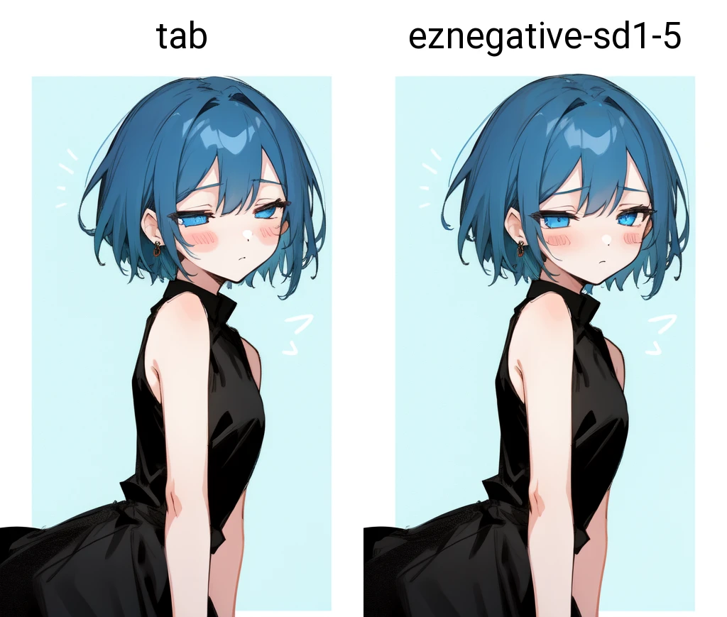 1girl,blue_eyes,blue_hair,blush_stickers,bracelet,dress,expressionless,half-closed_eyes,jewelry,looking_to_the_side,nail_polish,short_hair,sleeveless,sleeveless_dress,solo,