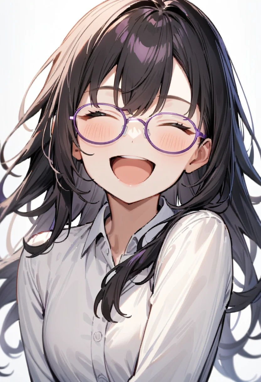 masterpiece, best quality, very aesthetic, absurdres,
1girl, solo, black hair, long hair,
g-boston19A,  glasses, purple-framed eyewear,
collared shirt, happy, smile, looking at another, closed eyes, open mouth, white background, simple background,
<lora:glasses_boston_19A_SDXL_V1:1>