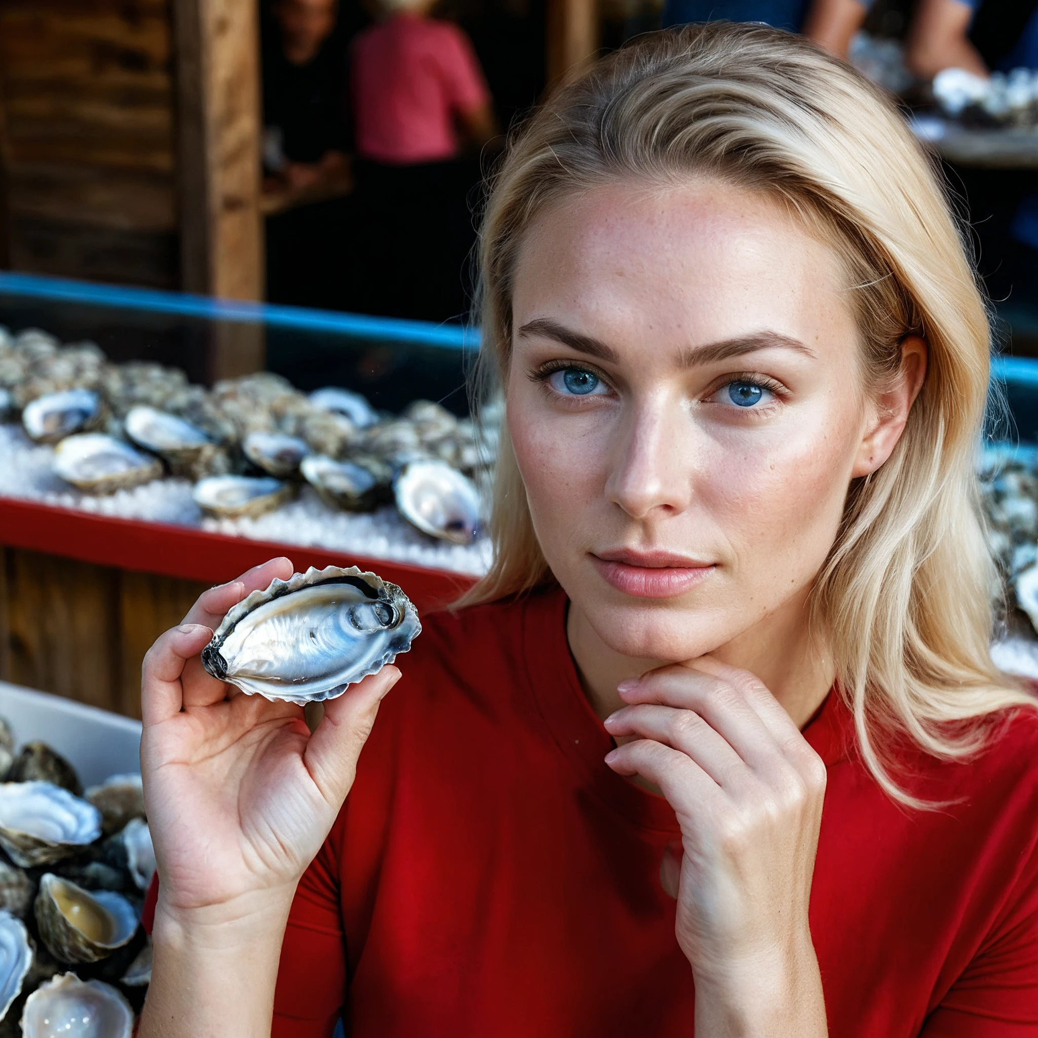 RAW photo, portrait of a beautiful blonde woman wearing a red shirt, she stands at a fish stand of oysters with mother and nautilus shells of pearl in glass displays, full sharp, detailed face, blue eyes, (high detailed skin:1.2), 8k uhd, dslr, soft lighting, high quality, film grain, Fujifilm XT3
dappled light on face, pale skin, skin pores, oiled shiny skin, skin blemish, imperfect skin, intricate skin details, visible skin detail, detailed skin texture, blush, wrinkles, vitiligo spots, moles, whiteheads, blackhead, white pimples, red pimples, beauty spot, skin fuzz, [[[[[freckles]]]]] (perfect eyes), ((perfect hands with four fingers and one thumb each))  <lora:polyhedron_mother-000005:0.5>