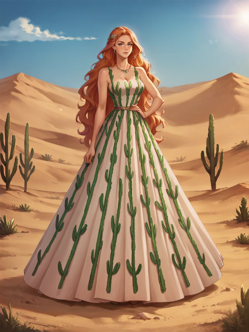 score_9, score_8_up, score_7_up, score_6_up, score_5_up, score_4_up, long hair, ginger hair, large breasts,  <lora:c4ct1dr3ssXLP:0.5> c4ct1dr3ss, cacti dress, desert, full body,