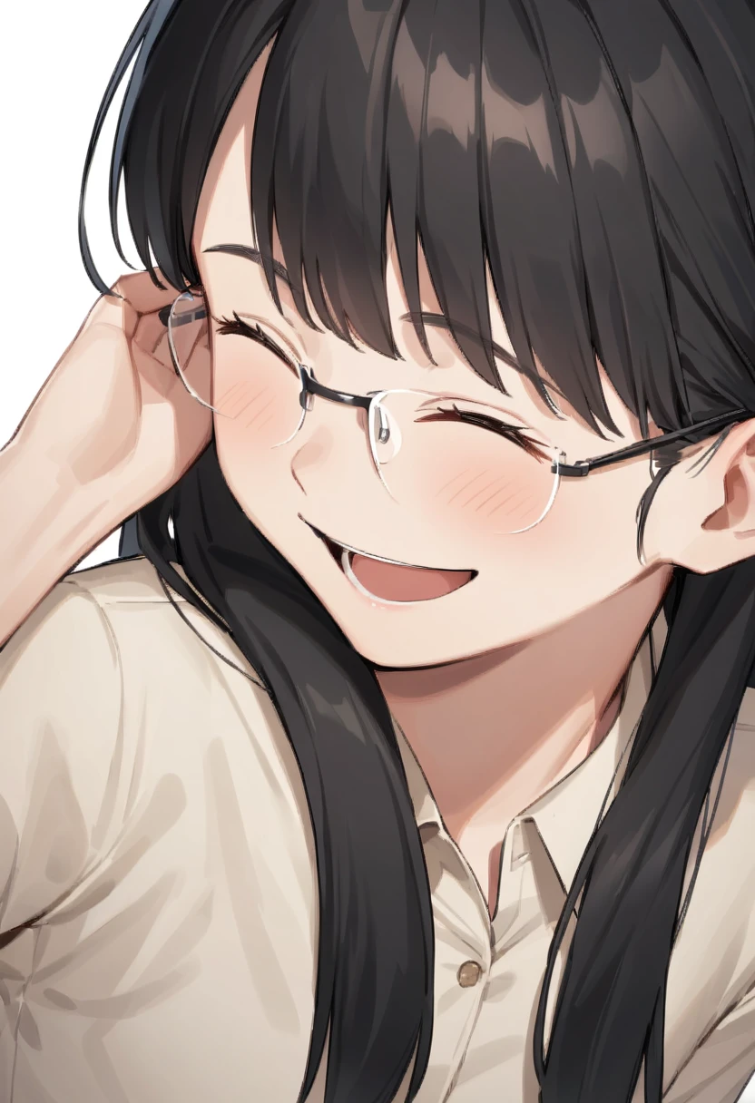 masterpiece, best quality, very aesthetic, absurdres,
1girl, solo, black hair, long hair,
rimless18s, glasses,
collared shirt, happy, smile, looking at another, closed eyes, open mouth, white background, simple background,
<lora:glasses_rimless_18s_SDXL_V1:0.8> <lora:comiclo_a31:0.8>