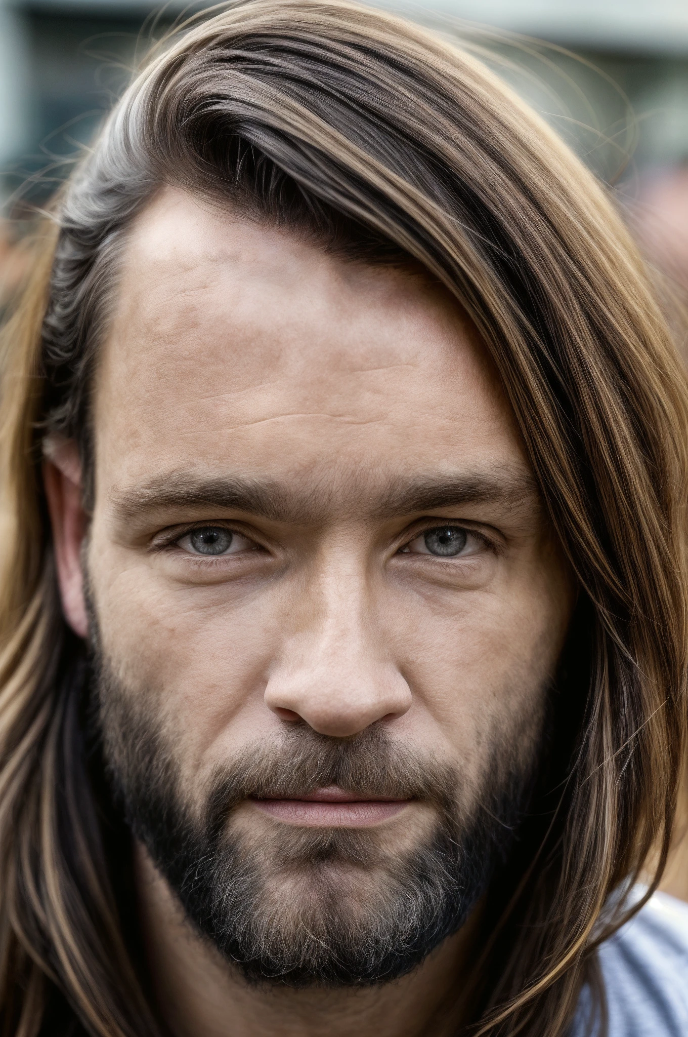 Charles, beard, perfecteyes, looking at viewer, long hair, crazy eyes, portrait, face shot, detailed skin, detailed pores, 35-year-old man, 