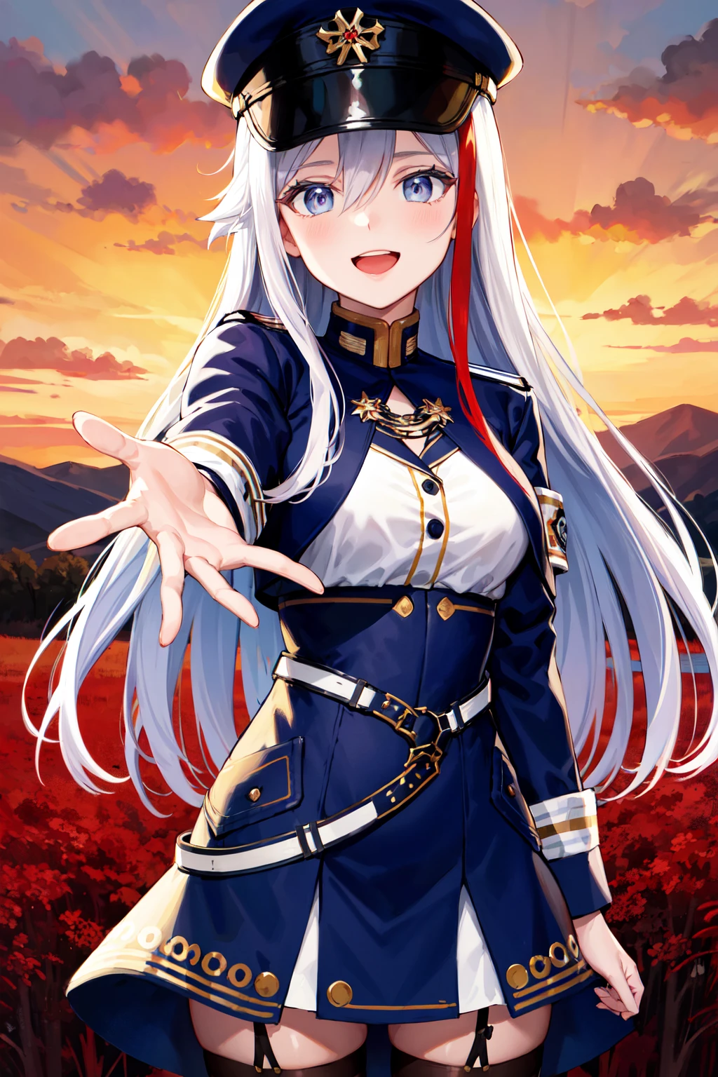 masterpiece, best quality, highres, aalena, long hair, streaked hair, military hat, blue headwear, hair between eyes, medium breasts, military uniform, white shirt, blue jacket, armband, long sleeves, white belt, blue skirt, garter straps, white thighhighs, <lora:vladilena_millize_v1:0.7>, standing, cowboy shot, field, sunset, smile, open mouth, reaching out,