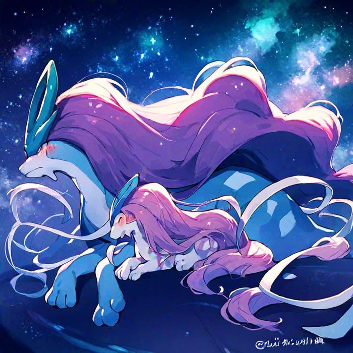 score_9, score_8_up, score_7_up, source_furry,  rating_safe, suicune, suicune feral, feral, on side, blush, arms crossed, starry sky