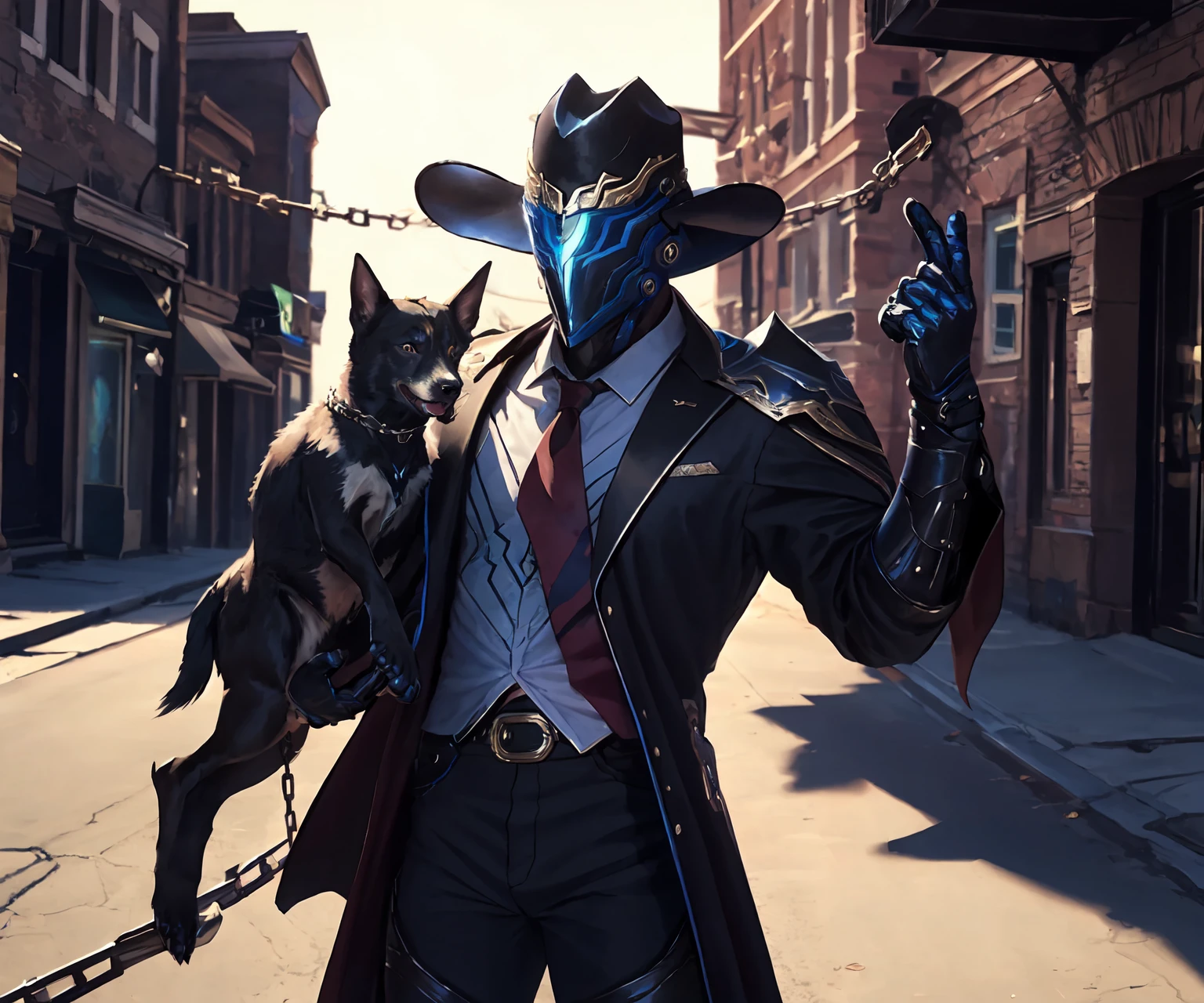 masterpiece,best quality,highres,cinematic lighting,dramatic angle,1boy,<lora:ShadowverseKyrzaelV4:0.8:lbw=jiangshi3>,helmet,black armor,white shirt,necktie,cape,circlet,black suit,looking at viewer,chain,holding,grasp,hand up, holding,leading dog,animal,streetscape,depth of field,chain,belt,cowboy western,cowboy western village,cowboy hat,revolver