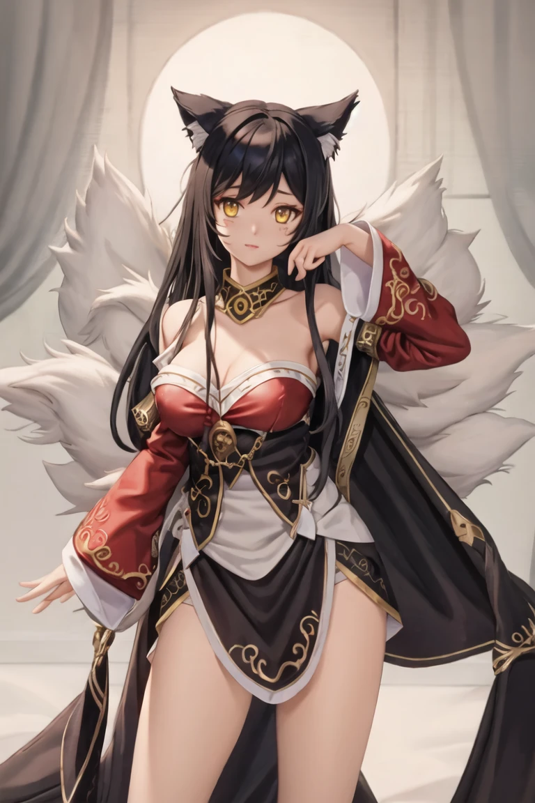 (masterpiece),best quality,<lora:ahri_Cosplay_V1:0.75>,Ahri_Cosplay,White Tails,Black long hair,yellow eyes,
