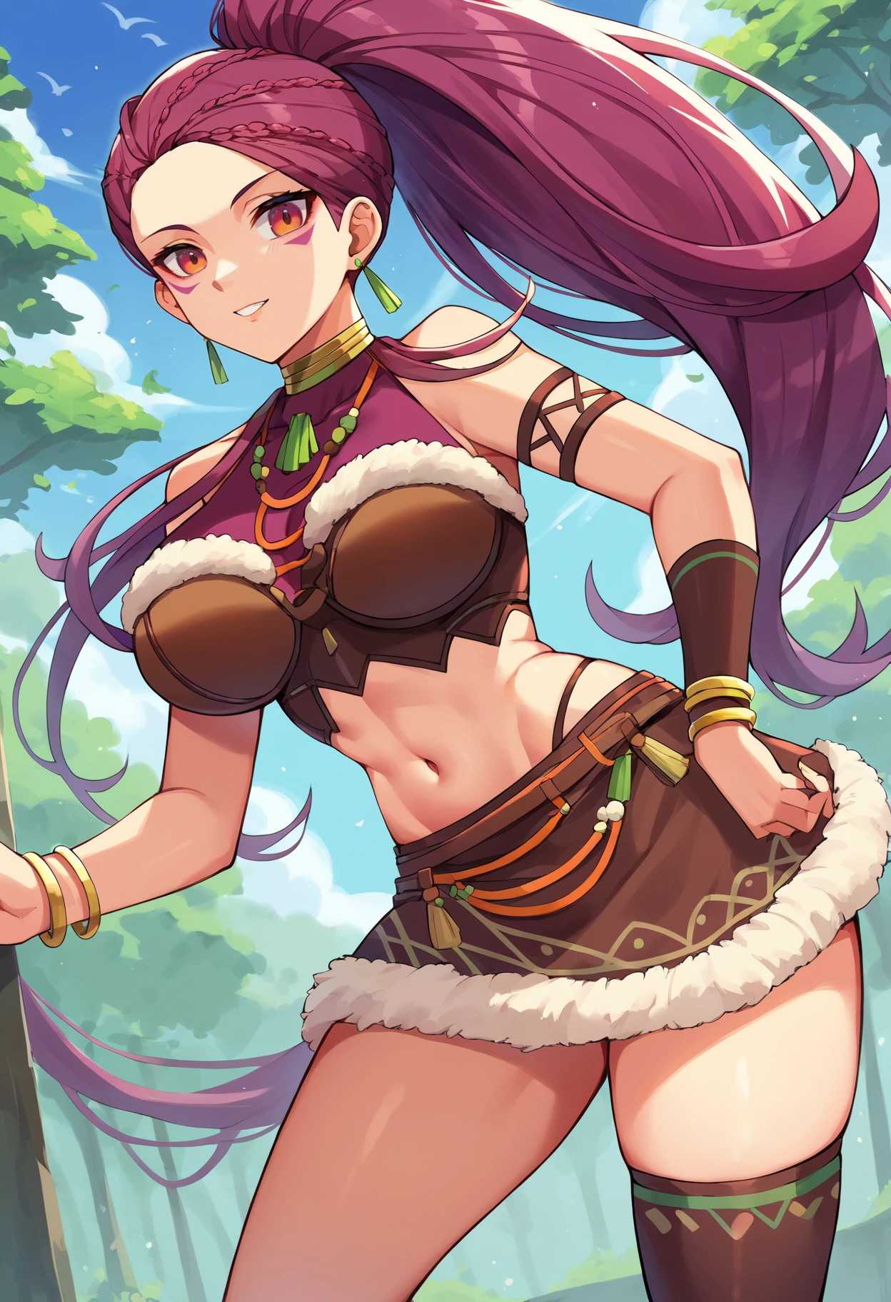 score_9, score_8_up, score_7_up,  <lora:Petra-pdxl:0.9> ,petra-ts, bracelet, braid, breasts, brown crop top, brown skirt, earrings, facial mark,fur trim,  high ponytail, long hair, one sleeve top, purple hair, gold choker, asymmetrical legwear, bracelet, halterneck, mature female, midriff, fur trimmed clothing,