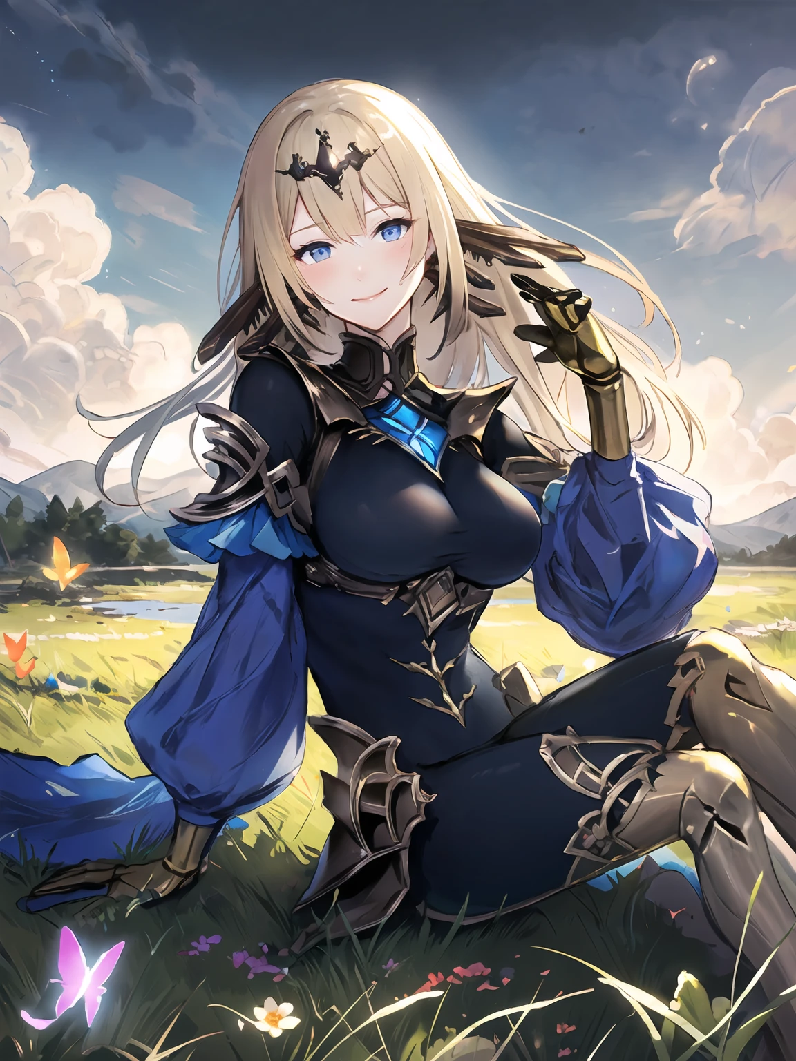 masterpiece,best quality,highres,cinematic lighting,dramatic angle,1girl,<lora:ShadowverseTetraV3-000021:0.8>,blonde hair,blue eyes,hair ornament,turtleneck,gold trim,armor,black bodysuit,detached sleeves,gloves,looking at viewer,smile,head tilt,blush,sitting on ground,in wild,grass,blue sky,white clouds,depth of field,butterfly,flowers,hair flowers