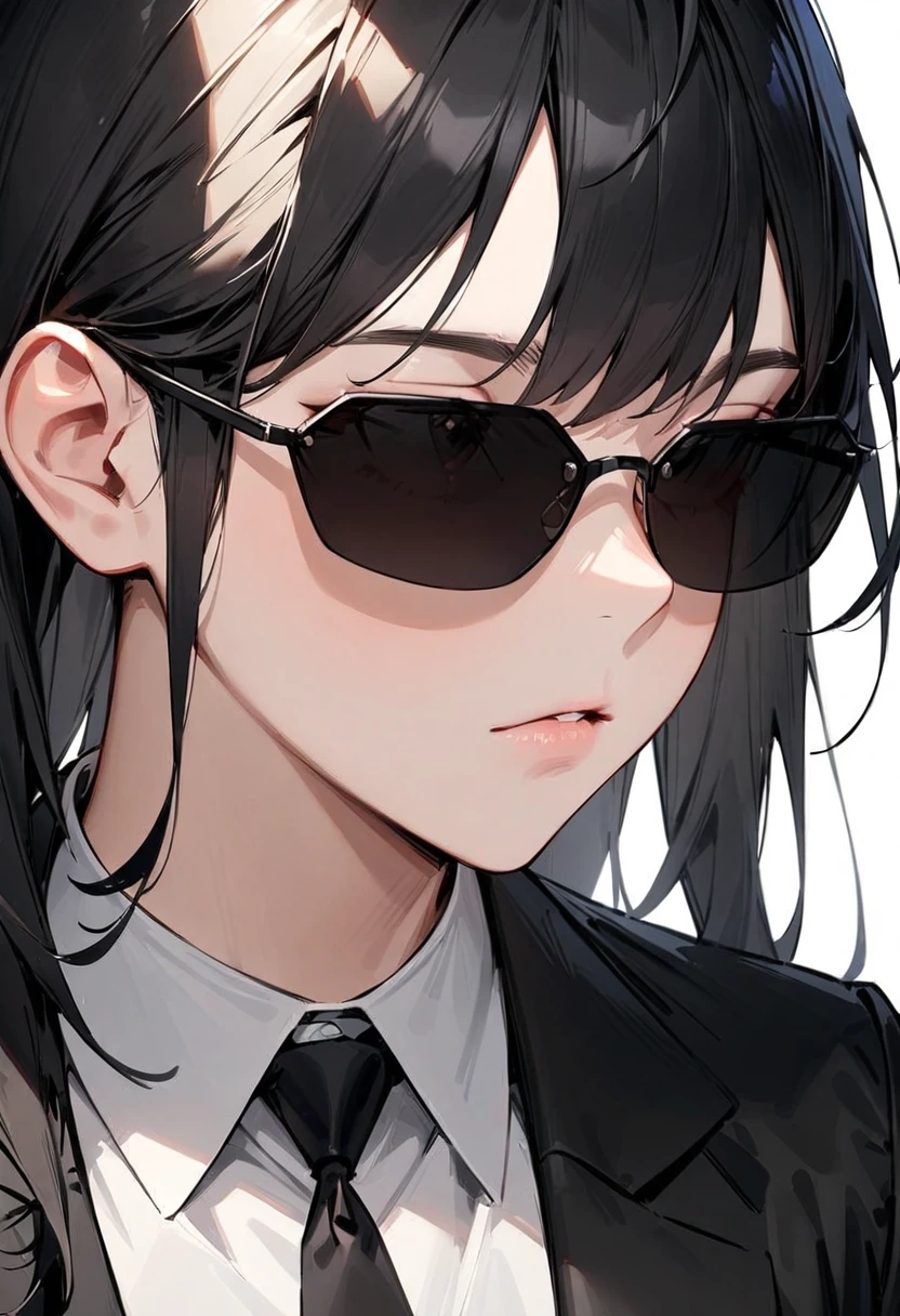 masterpiece, best quality, very aesthetic, absurdres, 
1girl, solo, black hair, long hair,
agtsg, sunglasses, dark black-tinted eyewear, 
 formal, black suit, black necktie, collared shirt, covered eyes, simple background, white background, looking at another, upper body, face focus, standing, 
 <lora:sunglasses_agent_smith_SDXL_V1:1>