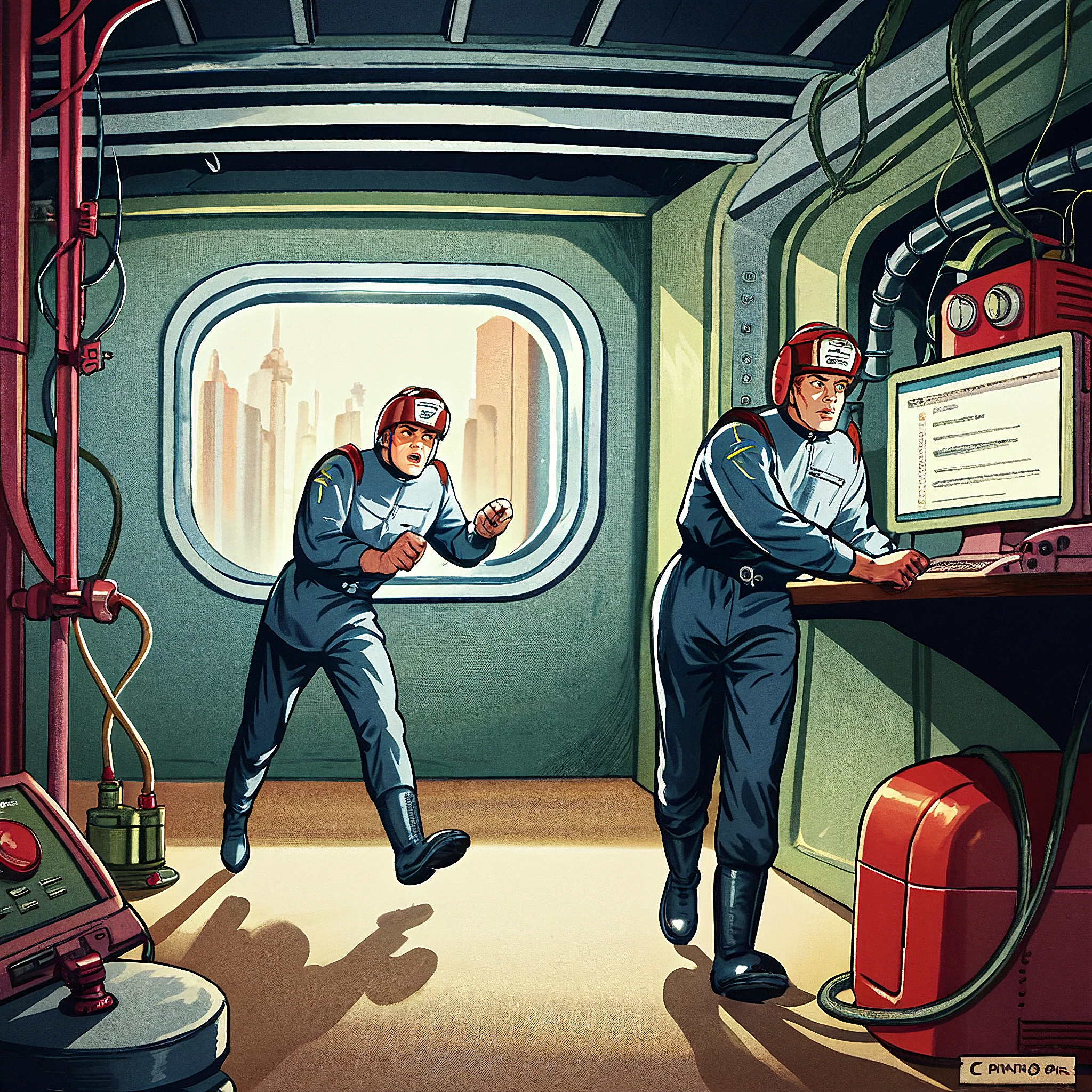 score_9, score_8_up, score_7_up, score_6_up, score_5_up, score_4_up, source_cartoon, BREAK, two men running in an industrial laboratory, lioncom, retro artstyle, helmet, military, 2boys, weapon, uniform, science fiction, industrial, machinery, generators, laboratory, computers,