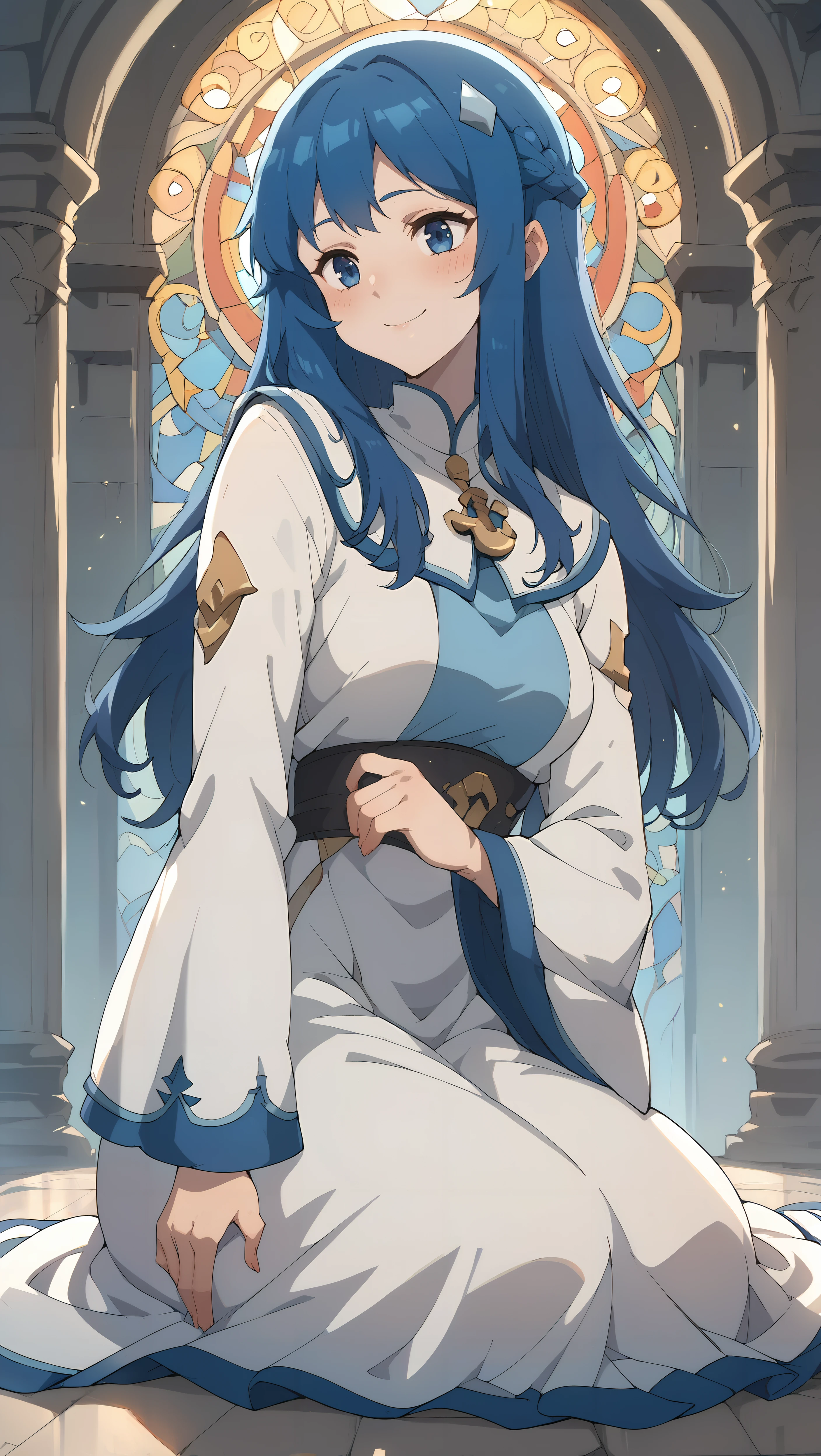 score_9,score_8_up,score_7_up,score_6_up, zPDXL, <lora:Milly-Pony-000004:0.8>, girl, long hair, blue hair, bangs, white hairclip, blue eyes, white dress with blue trim, long sleeves, cleric,  <lora:Wakfu_CartoonV02:0.6>, temple, stained glass windows, pillars, light rays, light particles, backlighting, bright lighting, rim light, shy smile, reflective floor, <lora:xl_more_art-full_v1:0.5>,