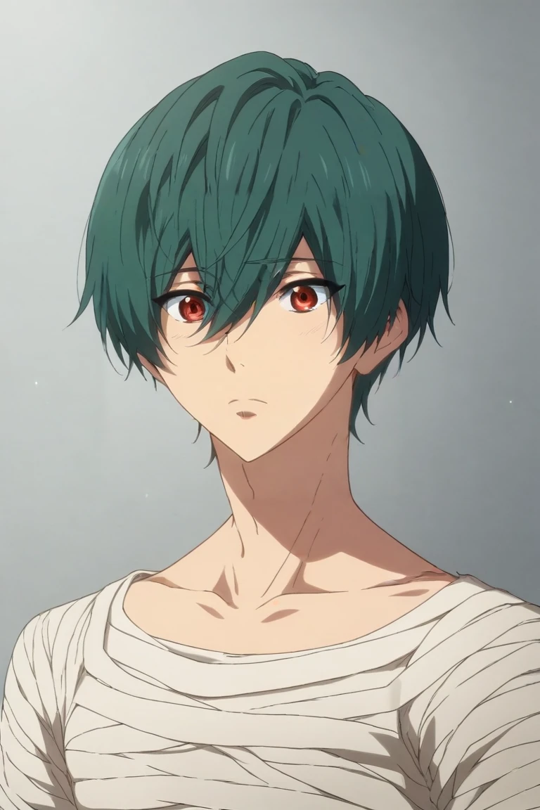 score_9, score_8_up, score_7_up, source_anime, semi-realistic, , upper body, , 1boy, solo, male focus, <lora:ikuya_kirishima_pony:0.9>, ikuya_kirishima, green hair, red eyes, hair between eyes, short hair, bangs, aged down, mummy costume, soft science fiction, , <lora:sdxl_lightning_8step_lora:1>