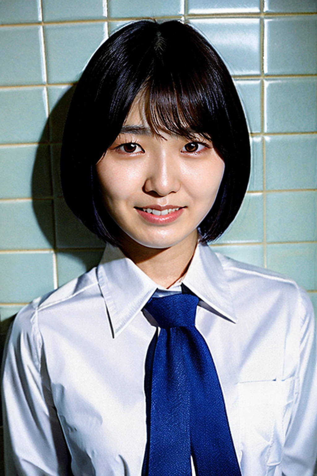 best quality and best aesthetic,a photo of a japanese woman named sumire kuramoto, face close-up, solo, short hair, necktie, looking at viewer, shirt, school uniform, upper body, smile, bob cut,portrait, parted lips, white shirt
<lora:sumire kuramoto_V1:0.9>,flash photography,<lora:flash photography photoV3:0.4>
bathroom background,tile wall,tile floor, film grain,cinematic,<lyco:film grainV3:0.4>