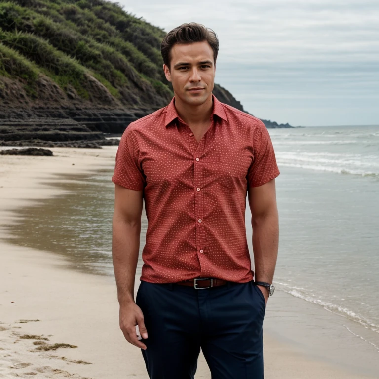 full-body photo of a man, wearing a red shirt, at a beach, looking at viewer, detailed, high quality, m4r10n,   <lora:brando301:.5>