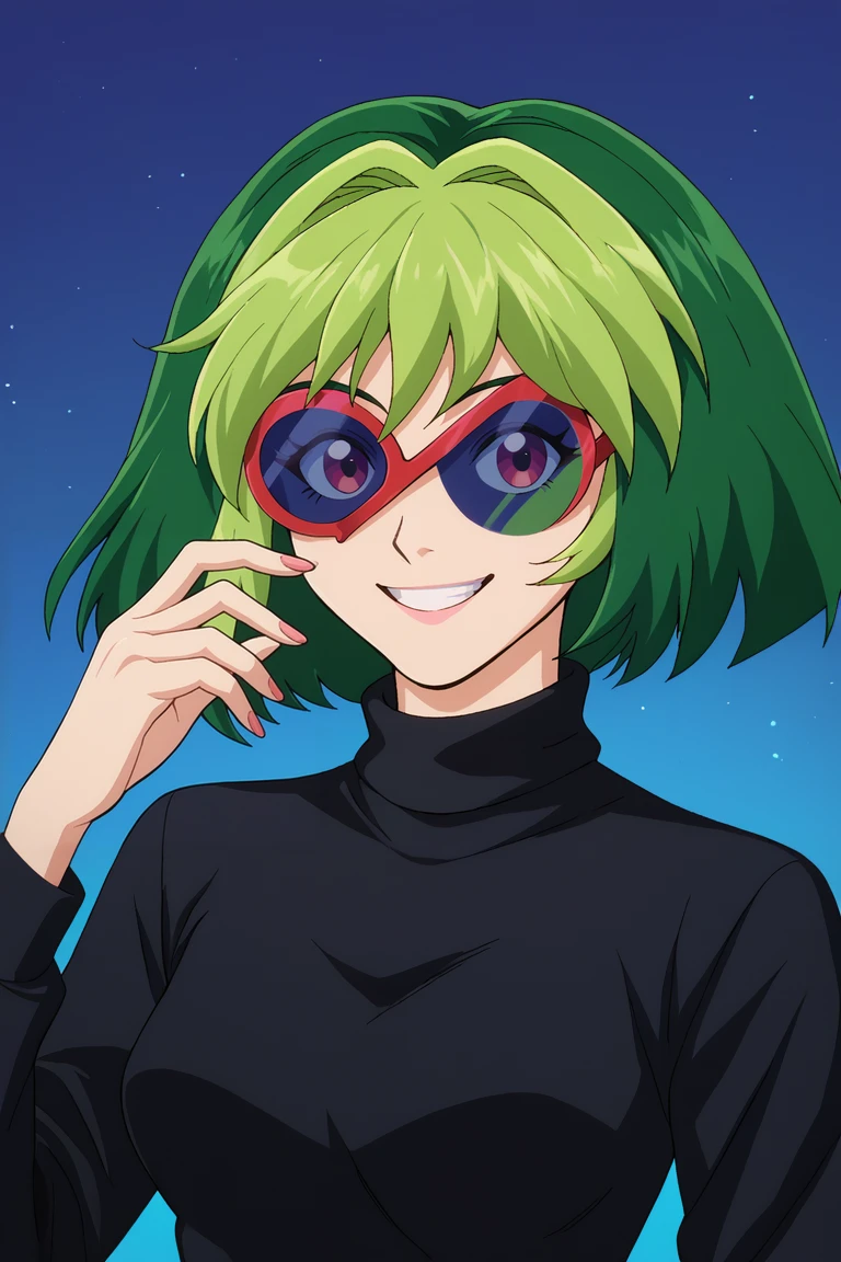 score_9, score_8_up, score_7_up, BREAK, 1girl, solo,  <lora:melodiash-guy-PONYv1:.85>,  melodiash, green hair, two-tone hair, tinted eyewear, turtleneck sweater, portrait, smile, long sleeves,