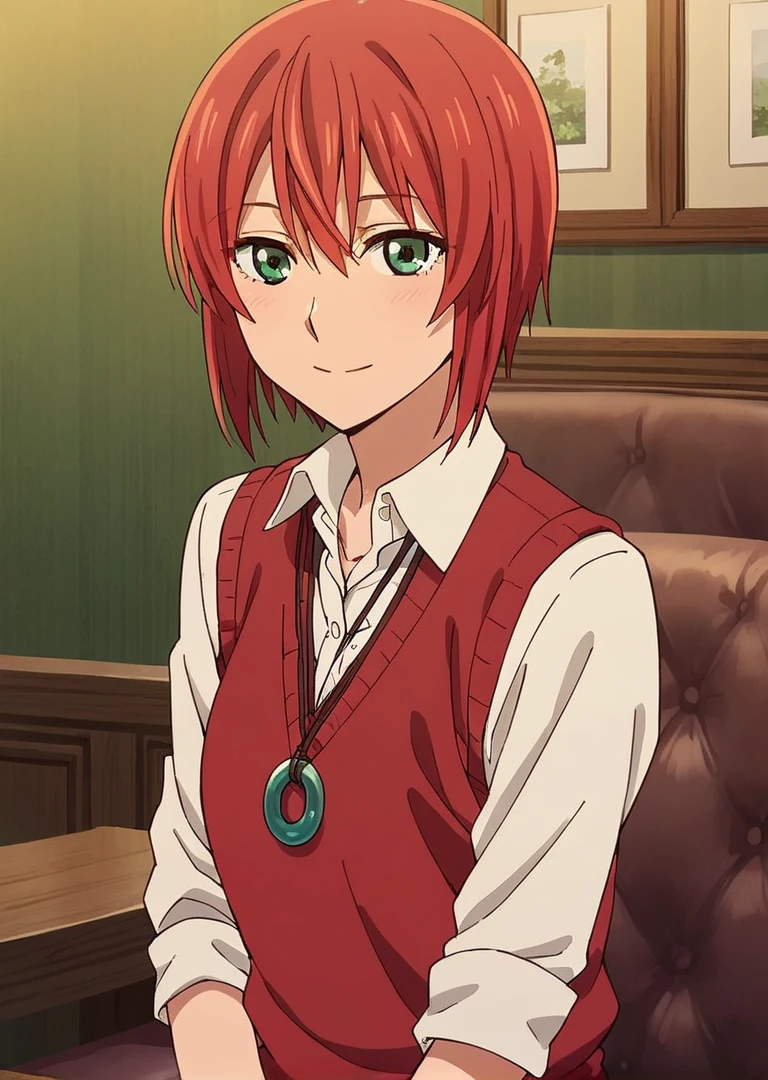 score_9, score_8_up, score_7_up, 1girl, Hatori Chise, red hair, green eyes, short hair, red sweater vest, sweet smile, looking at viewer, indoors, necklace,