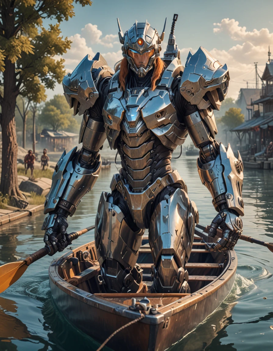 a full length portrait of a giant autonomous polished steel battle mecha, a moody sci - fi painting art by artgerm and greg rutkowski and alphonse mucha, trending on artstation, smooth arstation, detailed, highly detailed matte painting, cinematic, Sitting, pretending to paddle in a canoe <lora:59c2cc3f-e6d0-419a-b9cf-678143e1e9e4:0.7>