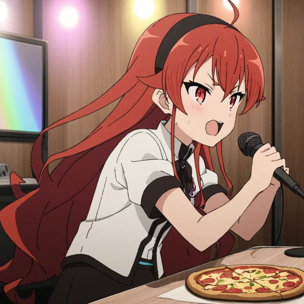 1 girl, eris, red hair, red eyes, black eyeliner, eris singing, karaoke, pizza on white table, microphone, colorful lighting, dark, stage, podium, <lora:eris_greyrat-000007:0.7>, <lora:add-detail-xl:1.5>