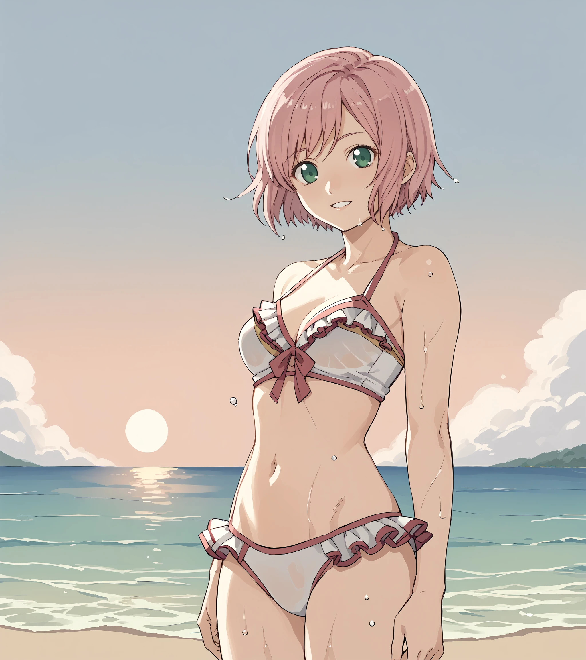masutepiece, Best Quality,   1girl in,Komeiji Satori,Ahoge, Pink hair,Pink eyes,Short hair,shairband,  3rd eye, Sea and sandy beach background,Pink ruffled bikini、the whole body is wet、Embarrassed face