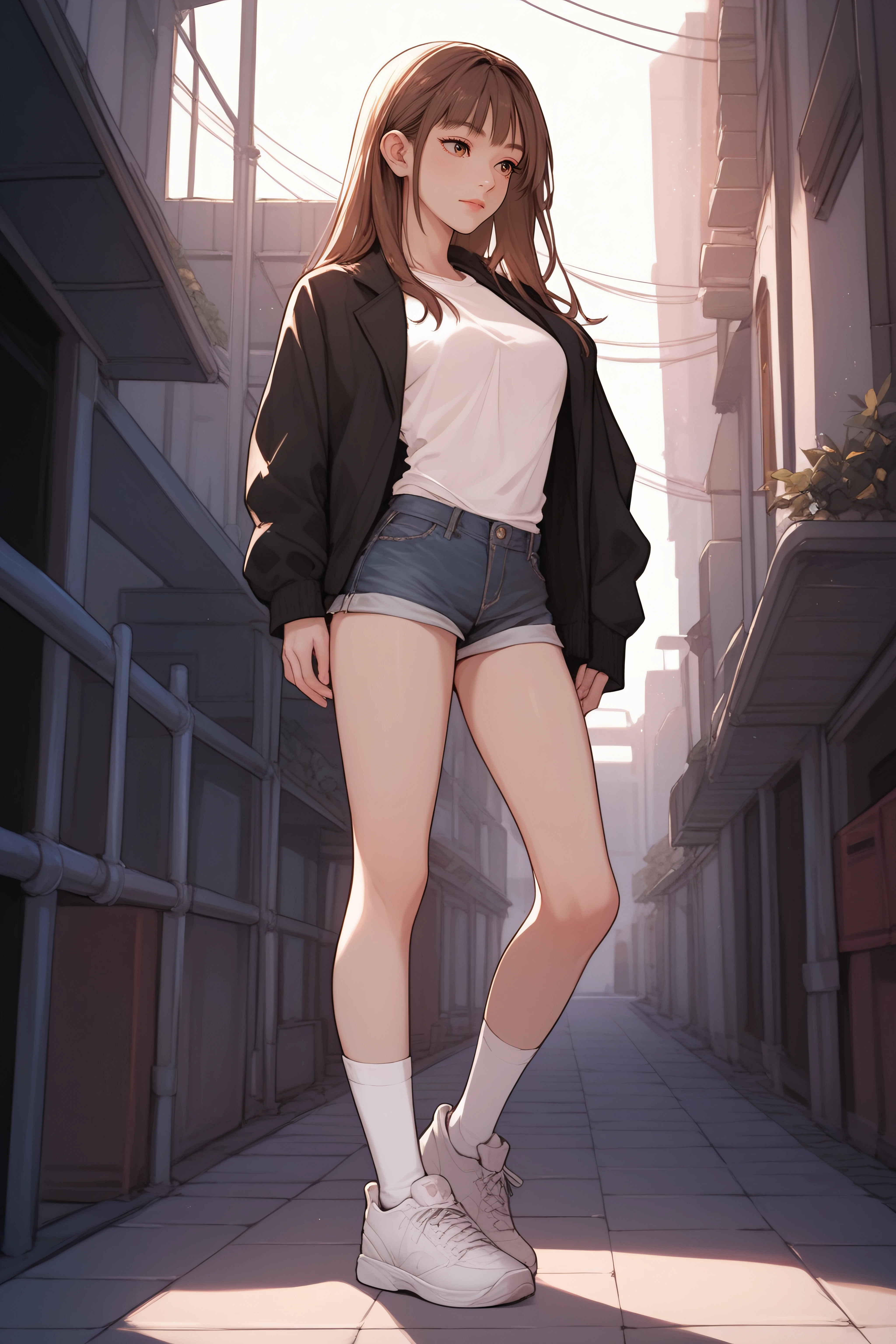 score_9, score_8_up, score_7_up, <lora:Bomi Choi-PonyXL-lora-Faxtron:0.7> bomi choi, brown eyes, brown hair, long hair, medium breasts, black jacket, white socks, denim short shorts, white sneakers, standing,