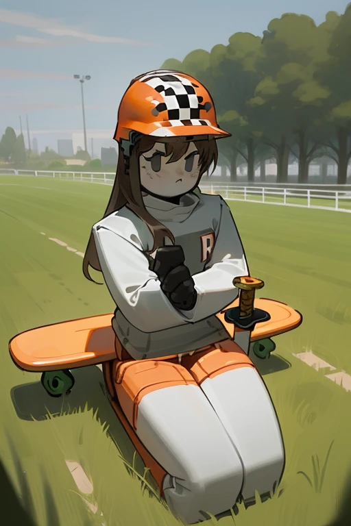 sk8r, helmet, <lora:sk8r-05:1>, sitting on horse, grass background, holding sword, masterpiece, best quality