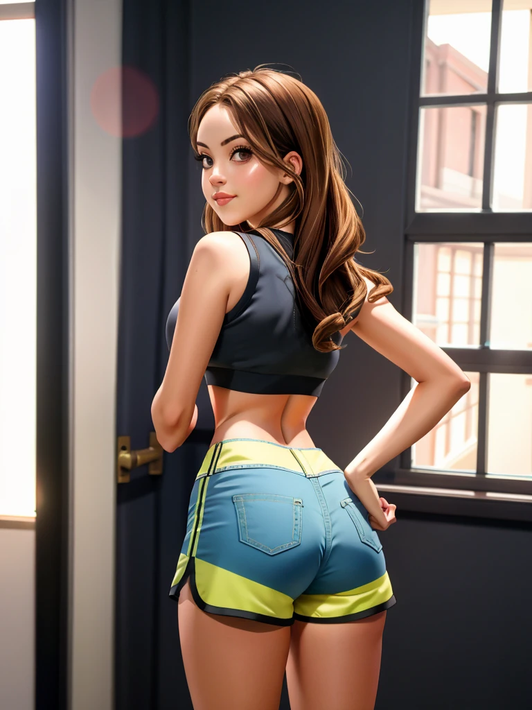 A beautiful 3l1z4b3thg,1girl, solo, long hair, looking at viewer, smile, brown hair, shirt, ass, shorts, sleeveless, looking back, from behind, lips, crop top, sleeveless shirt, realistic, soft lighting, professional Photography, Photorealistic, detailed, RAW, analog, sharp focus, 8k, HD, high quality, masterpiece<lora:3l1z4b3thg:1.0>