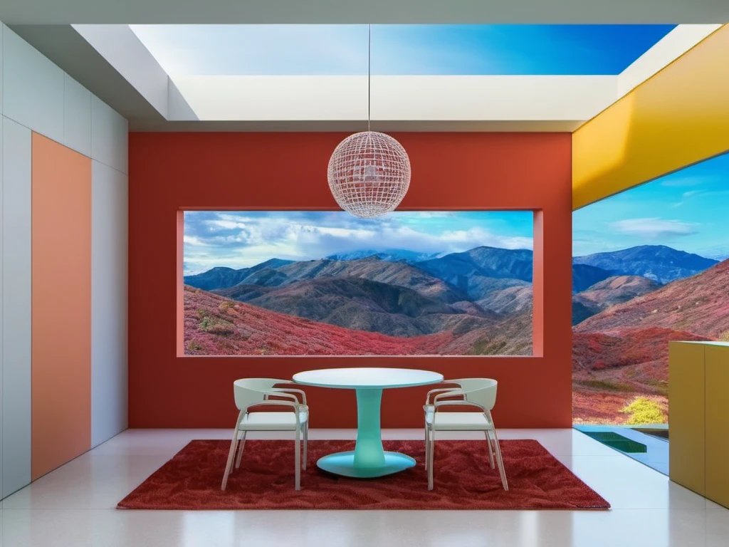 <lora:FictionInterior:0.7>, Interior, sky, mountains, wide view, Meranti color scheme, PVC_material walls, high dynamic range, sunshine shadows, scenery, table, chair,