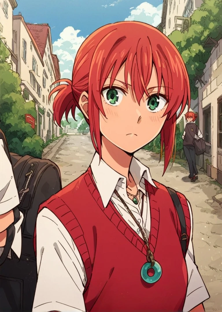 score_9, score_8_up, score_7_up, 1girl, Hatori Chise, red hair, green eyes, short hair, looking at viewer, red sweater vest, white shirt, necklace, short ponytail, looking at viewer, frown, 