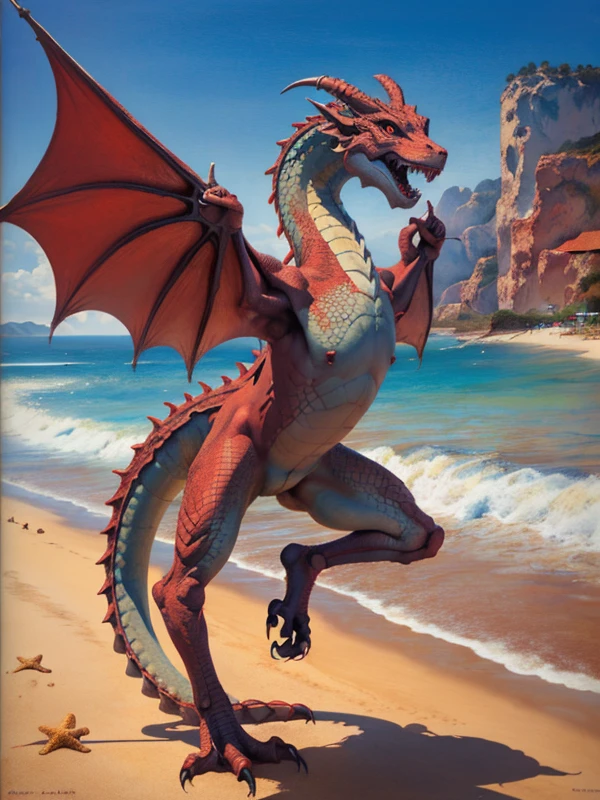 <lora:parrishstyle:0.9> (absurdres, masterpiece, biggest quality) a painting of a dragon in the beach the greatest painting ever