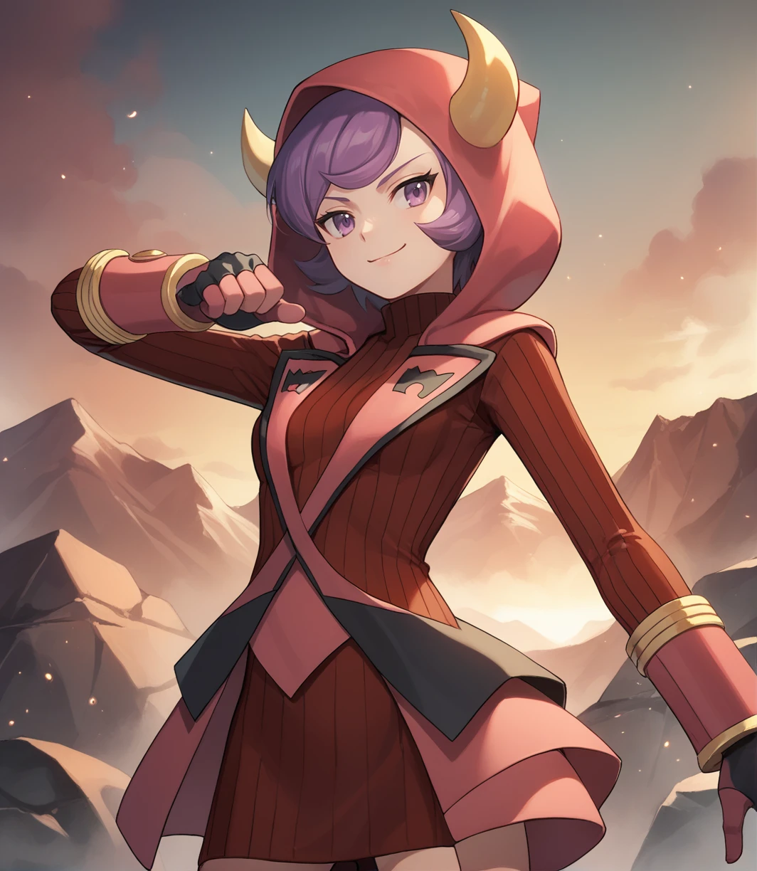 score_9,score_8_up,score_7_up,score_6_up,source anime BREAK,
1girl, courtney (pokemon), purple hair, bangs, eyelashes, purple eyes, short hair, medium breasts,
hood, hood up, horned headwear, team magma uniform, ribbed sweater, fake horns, turtleneck dress, hoodie, gloves
standing, cowboy shot, volcano, detailed background, backlighting, steam, foggy, smirk, particles, fighting stance,
<lora:courtney_v1_0:1>