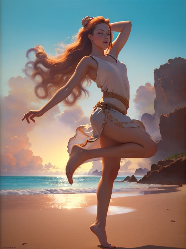 <lora:parrishstyle:0.9> (absurdres, masterpiece, biggest quality) award winning painting of a ginger girl dancing in the beach, detailed, intrincate, trending in artstation, breathtaking, the greatest painting ever