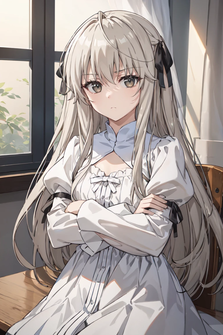 masterpiece, best quality, ultra-detailed, glistening shiny, glowing light, ray tracing, HDR, deph of field, (perfect face, detailed face),  <lora:KasuganoSora:0.7>, kasuganosora, long hair, black hair ribbon, frown,white dress, puffy sleeves, long sleeves, crossed arms, sitting