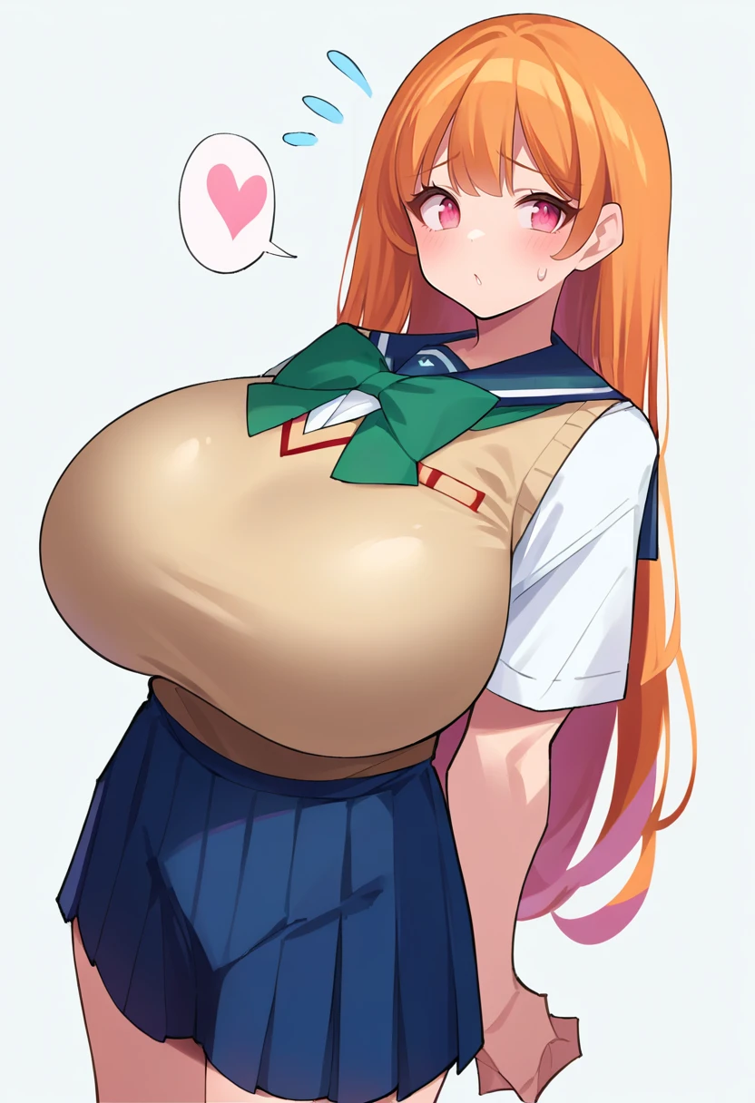 score_9, score_8_up, score_7_up, source_anime BREAK 1girl, long hair, looking at viewer, blush, bangs, simple background, shirt, white background, school uniform, heart, pleated skirt, serafuku, pink eyes, sailor collar, orange hair, huge breasts, blue skirt, flying sweatdrops, green bow, sweater vest, <lora:Popqn-Style-PonyXL-v1.1-000019:1>