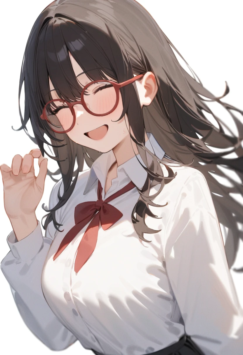 masterpiece, best quality, very aesthetic, absurdres, 
1girl, solo, black hair, long hair,
g-boston19s,  glasses, red-framed eyewear,
collared shirt, happy, smile, looking at another, closed eyes, open mouth, white background, simple background,
 <lora:glasses_boston_19s_SDXL_V1:1>