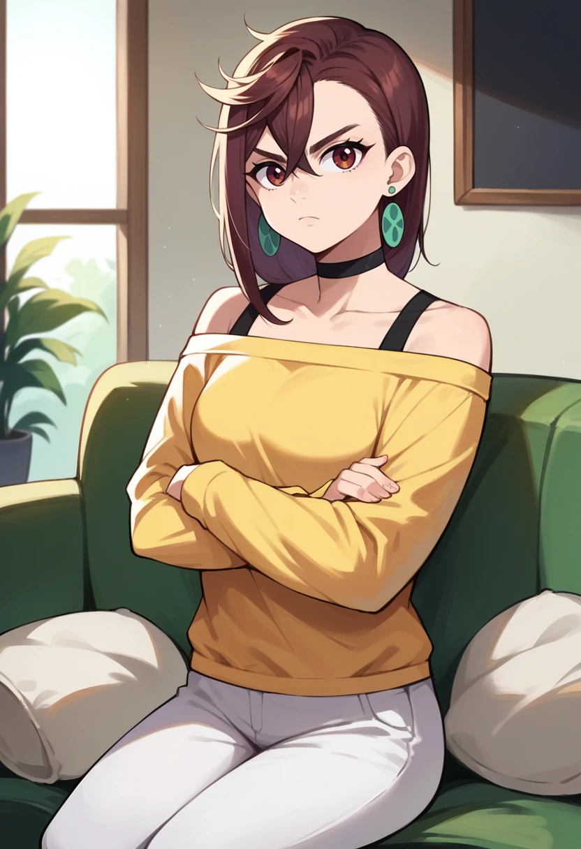 score_9, score_8_up, score_7_up, source_anime, solo, 1girl, ayase momo, expressionless, looking at viewer, crossed arms, yellow shirt, off-shoulder shirt, long sleeves, white pants, earrings, black choker, bare shoulders, indoors, living room <lora:dandadan_ayase_ponyXL:1>