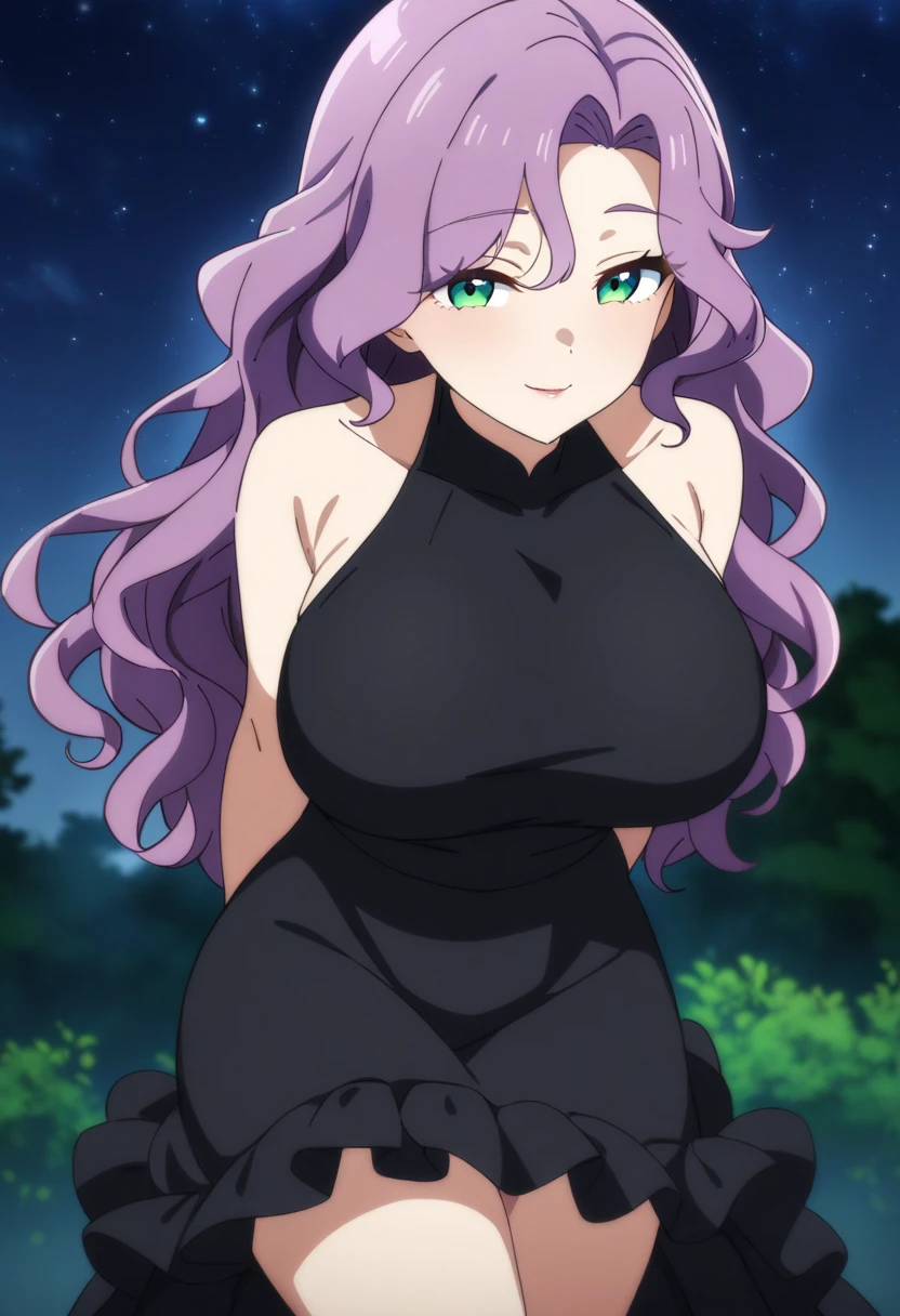 1girl, solo, mature female, anime coloring,
long hair, wavy hair, purple hair, green eyes, large breasts, frilled dress, black dress, seductive smile, arms behind back,
park, night, starry sky, looking at viewer,
masterpiece, best quality, very aesthetic, absurdres,
