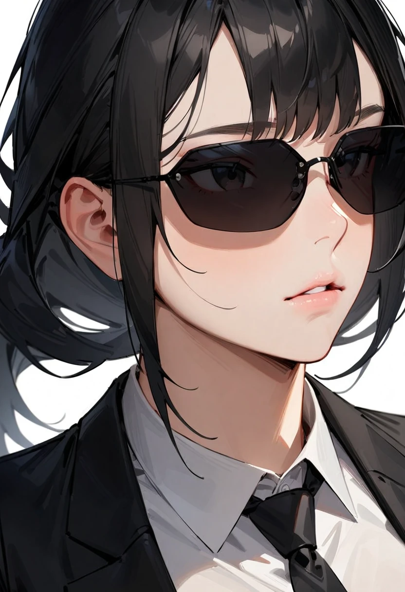 masterpiece, best quality, very aesthetic, absurdres, 
1girl, solo, black hair, long hair,
agtsg, sunglasses, dark black-tinted eyewear, 
 formal, black suit, black necktie, collared shirt, covered eyes, simple background, white background, looking at another, upper body, face focus, standing, 
 <lora:sunglasses_agent_smith_SDXL_V1:1>