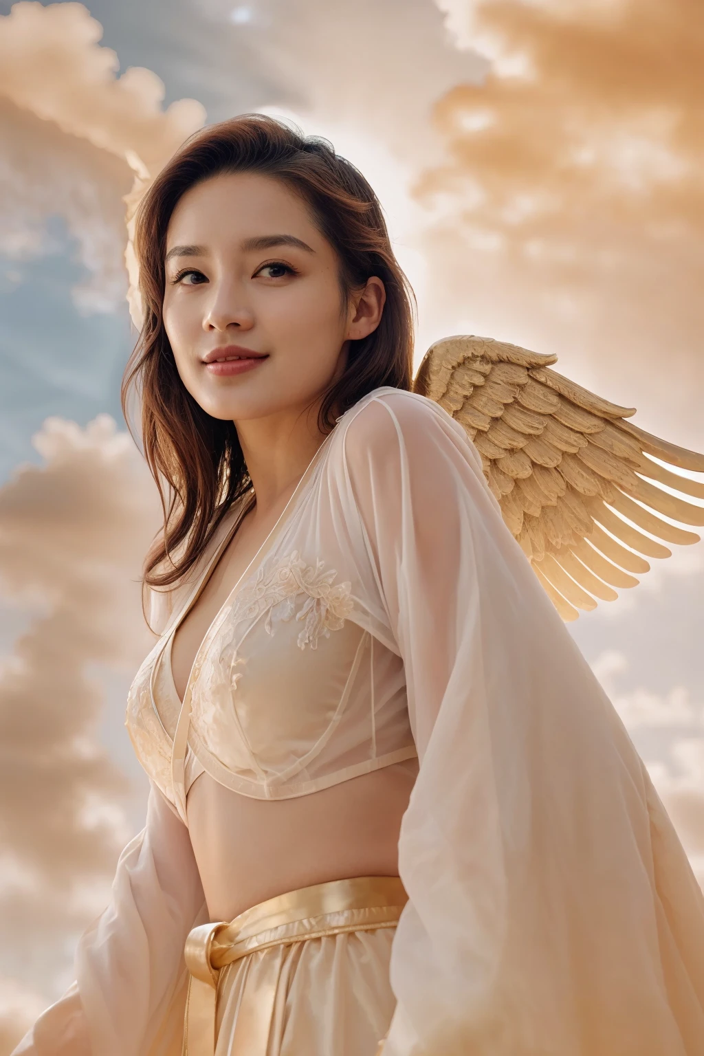 Beautiful 20-year-old Japanese supermodel at Victoria's Secret Show, 1 person, Smiling, Best Quality, Masterpiece, Slender body type, Detailed face, Skin radiance, high heels, angel wings, Knee boots or more, Diamond Good, s whole body, The last model pose, Runway, pale-skin, White skin, sexy lingerie