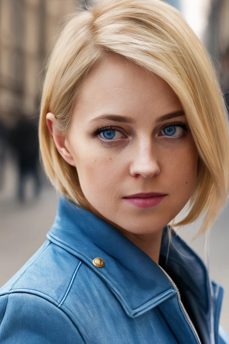 a picture of natpok woman, blonde hair,detailed skin, surface scattering, bokeh, skin pores,  city streets,wearing a jacket,outdoors, looking at viewer ,(subtle smile:0.5), blue eyes,  <lora:natpok15:1>