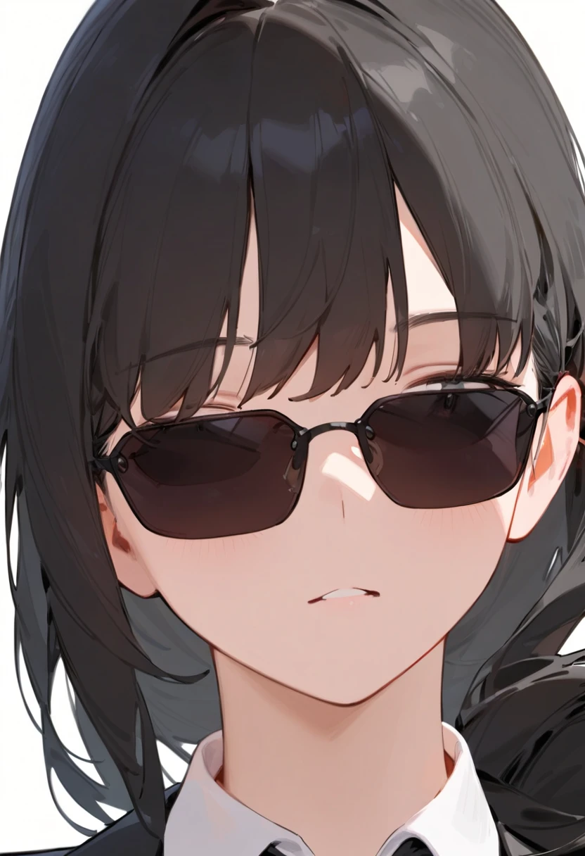 masterpiece, best quality, very aesthetic, absurdres, 
1girl, solo, black hair, long hair,
agtsg, sunglasses, dark black-tinted eyewear, 
 formal, black suit, black necktie, collared shirt, covered eyes, simple background, white background, looking at another, upper body, face focus, standing, 
 <lora:sunglasses_agent_smith_SDXL_V1:1>