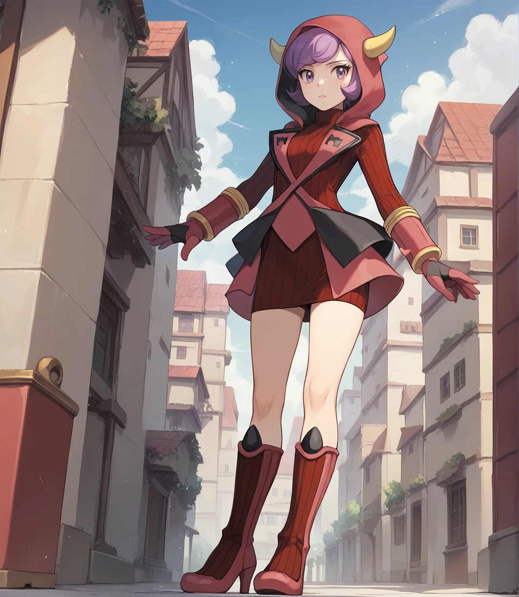 score_9,score_8_up,score_7_up,score_6_up,source anime BREAK,
1girl, courtney (pokemon), purple hair, bangs, eyelashes, purple eyes, short hair, medium breasts,
hood, hood up, horned headwear, team magma uniform, ribbed sweater, fake horns, turtleneck dress, hoodie, gloves, boots, heels
standing,
<lora:courtney_v1_0:1>