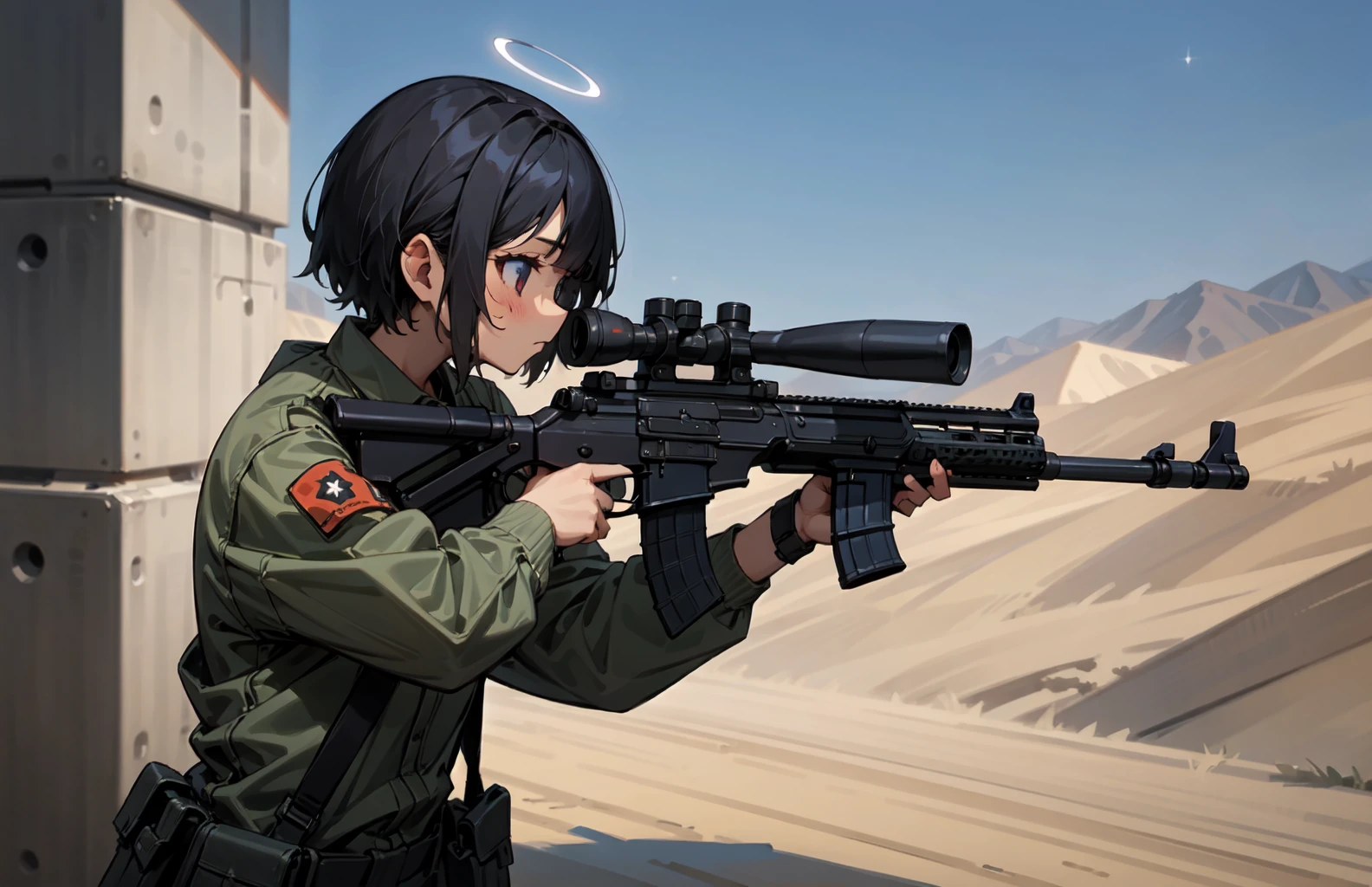 (masterpiece, best quality),1girl, solo, desert background, outdoors, street wear clothing, short hair, night sky, cloud, black short hair , tanned skin, tanned face, wing, flying, glowing halo, depth of field, cinematic, looking at camera,(holding, holding_gun:1.0), from side, (assault rifle, gun, machine gun, rifle, weapon:1.2), (trigger_discipline:1.2), (aiming:1.3) <lora:9k GUN:0.3>